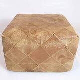 Vintage leather pouf - natural leather - natural patina - hand-sewn - square - 1970s