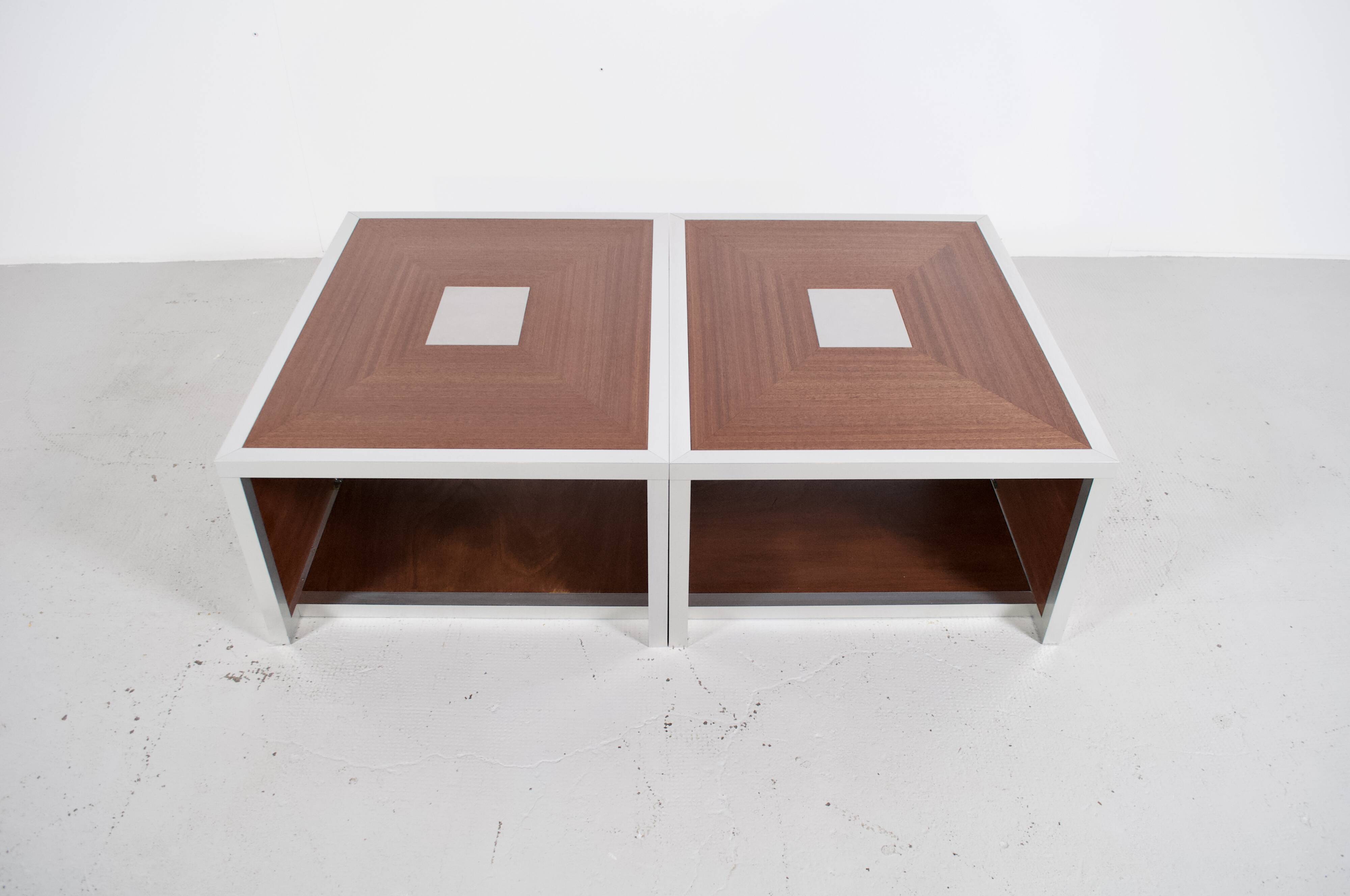Pair of 70's aluminum and mahogany coffee/sofa end tables