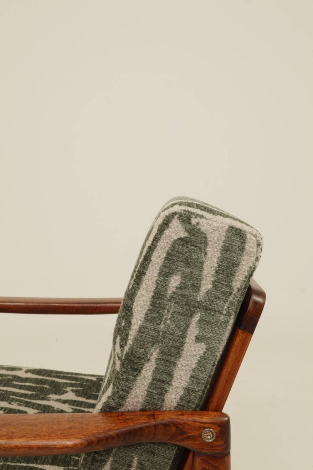 Vintage green jacquard armchair, mid-century modern design, 1965.