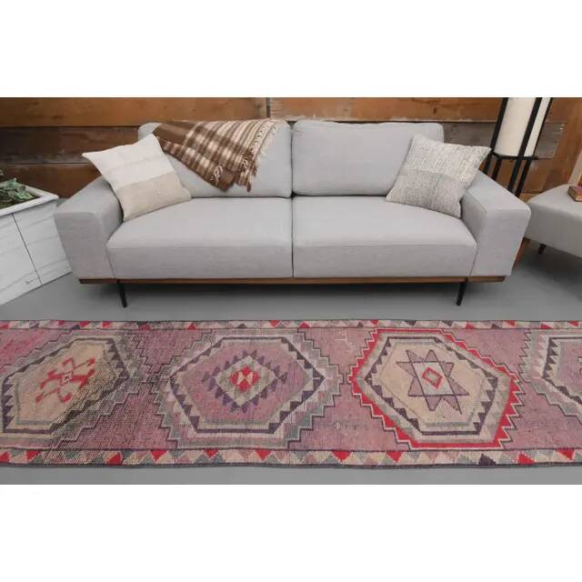 1970s Turkish hand-knotted wool cotton pink runner rug 94x335