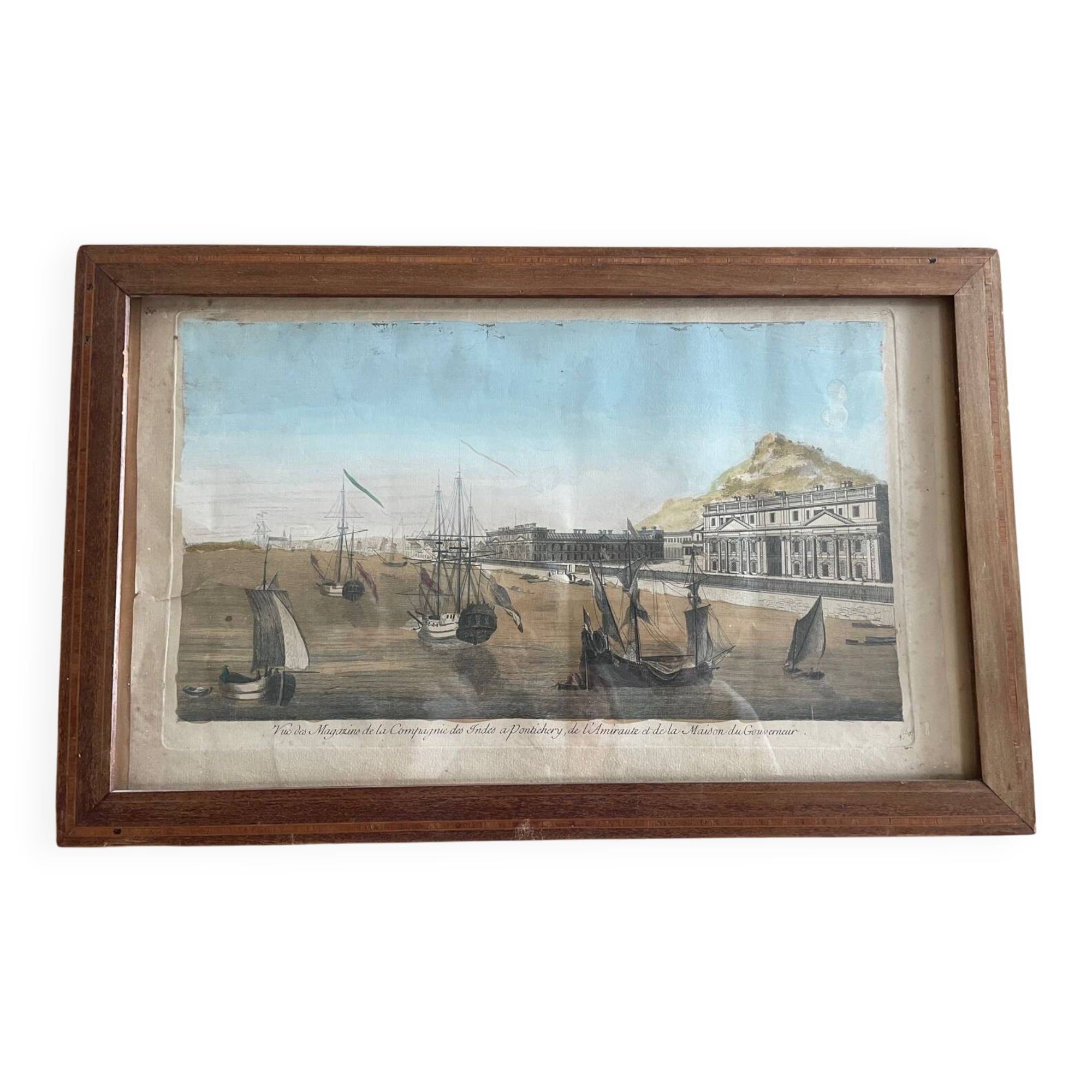 Antique color engraving, Compagnie des Indes de Pontichery