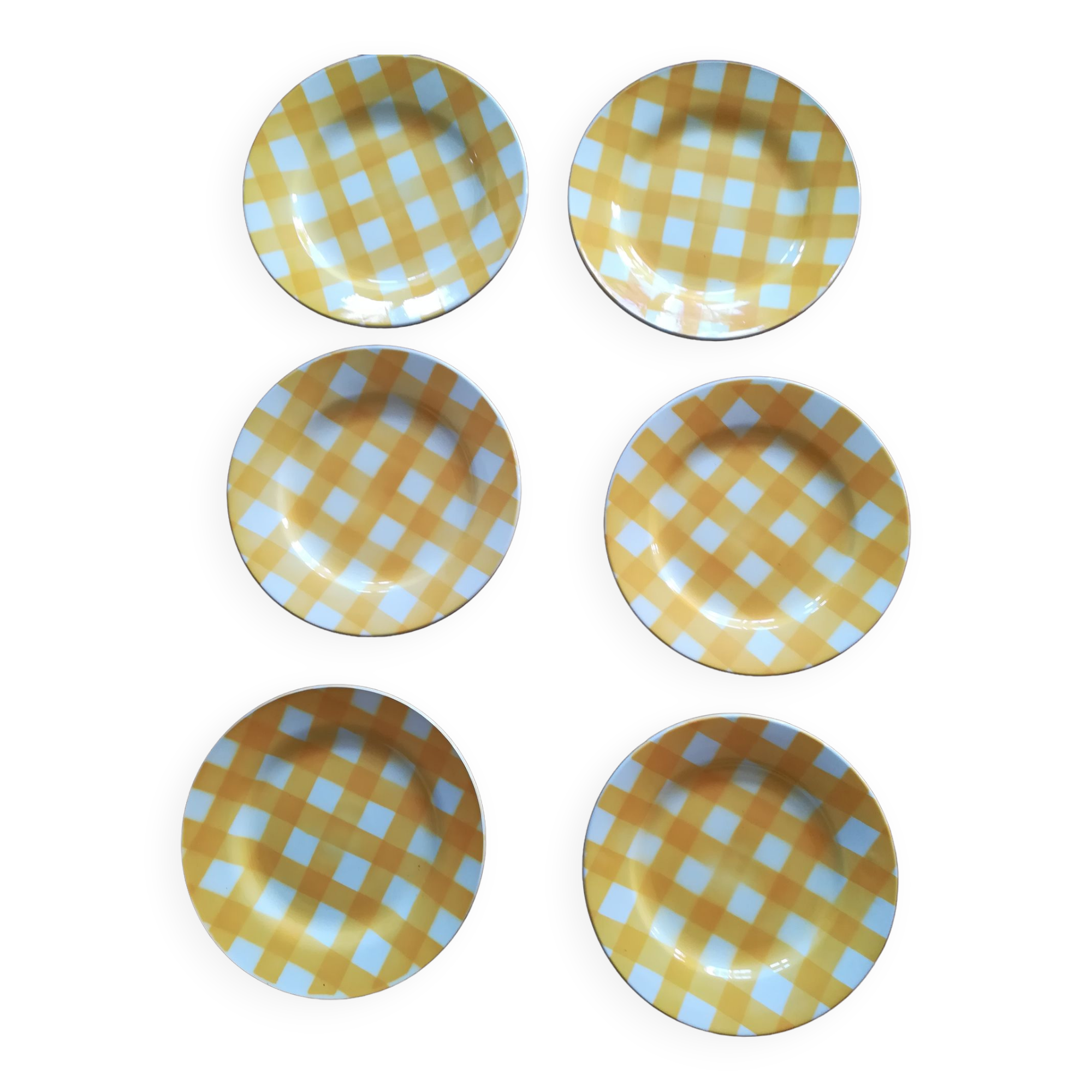 Ensemble de 6 assiettes plates Digoin modèle Ecossais jaune