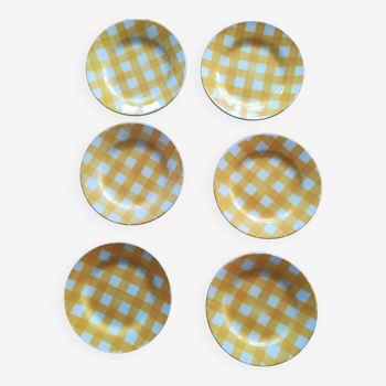 Ensemble de 6 assiettes plates Digoin modèle Ecossais jaune