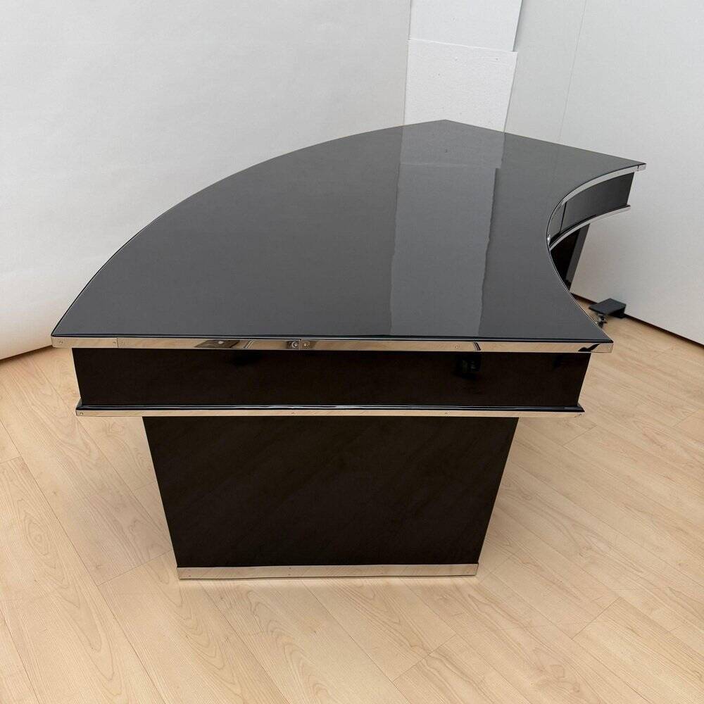 Art Deco desk in black lacquer, walnut & metal, France, 1950