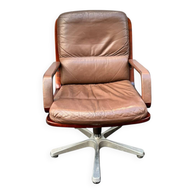 fauteuil de bureau / conférence vintage en cuir et bois – st
