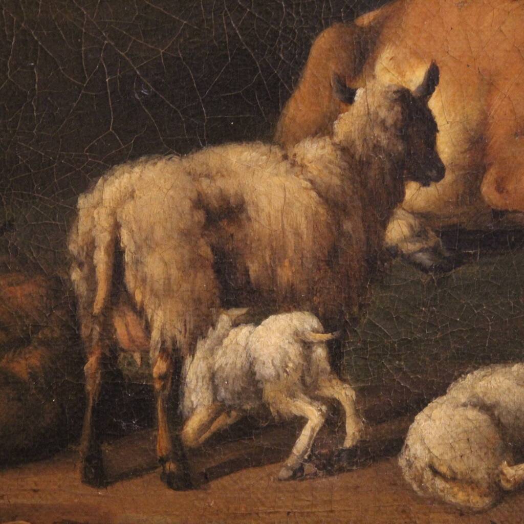 Antique Flemish bucolic landscape painting from the 18th century
