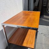 Table / Serving trolley on wheels in chrome and walnut veneered wood