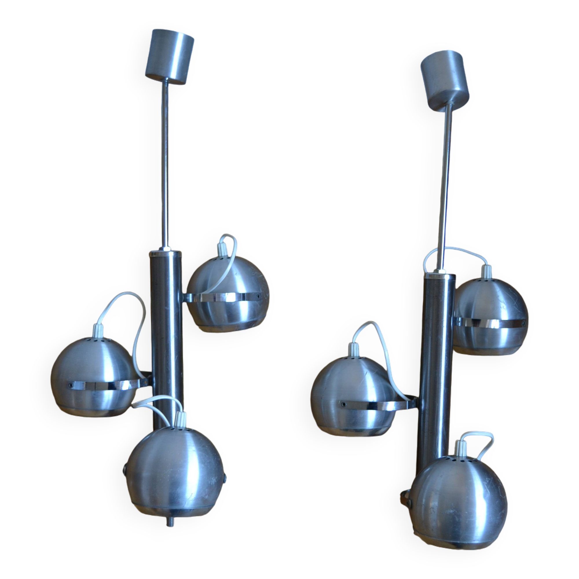 Pair of 70s space age eye ball chandeliers in brushed aluminum