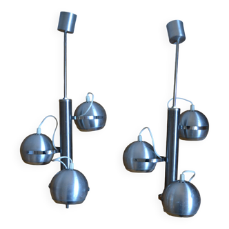Pair of 70s space age eye ball chandeliers in brushed aluminum
