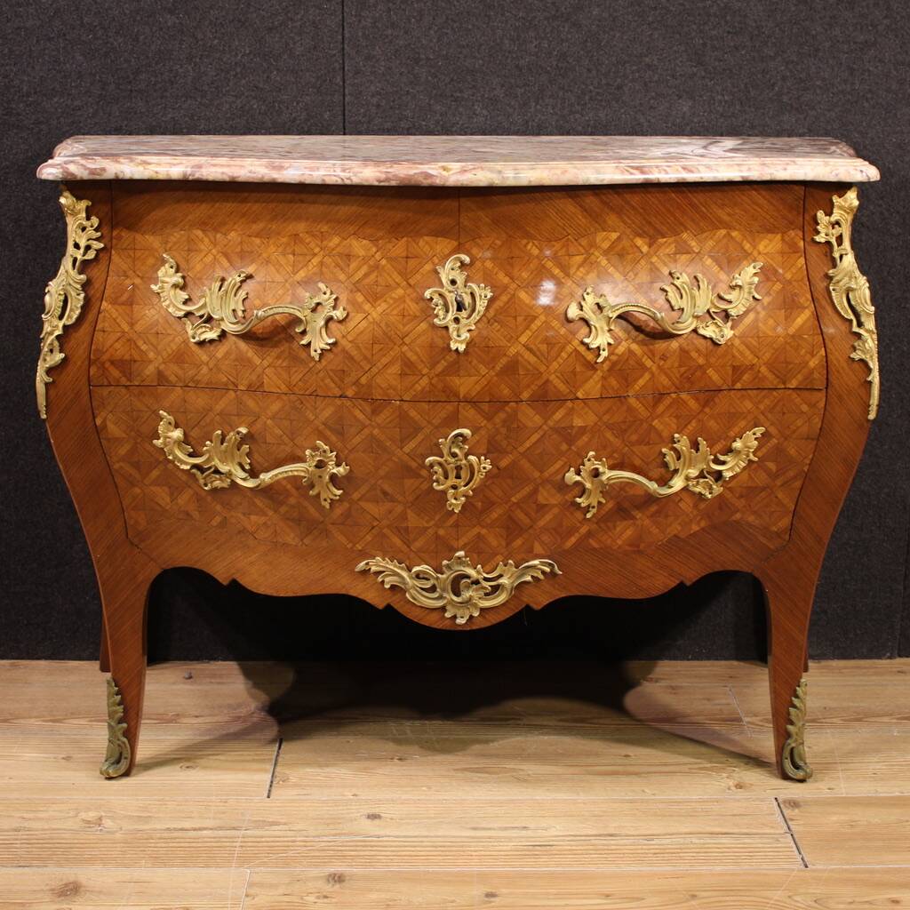 Commode française incrustée du XXe siècle avec plateau en marbre