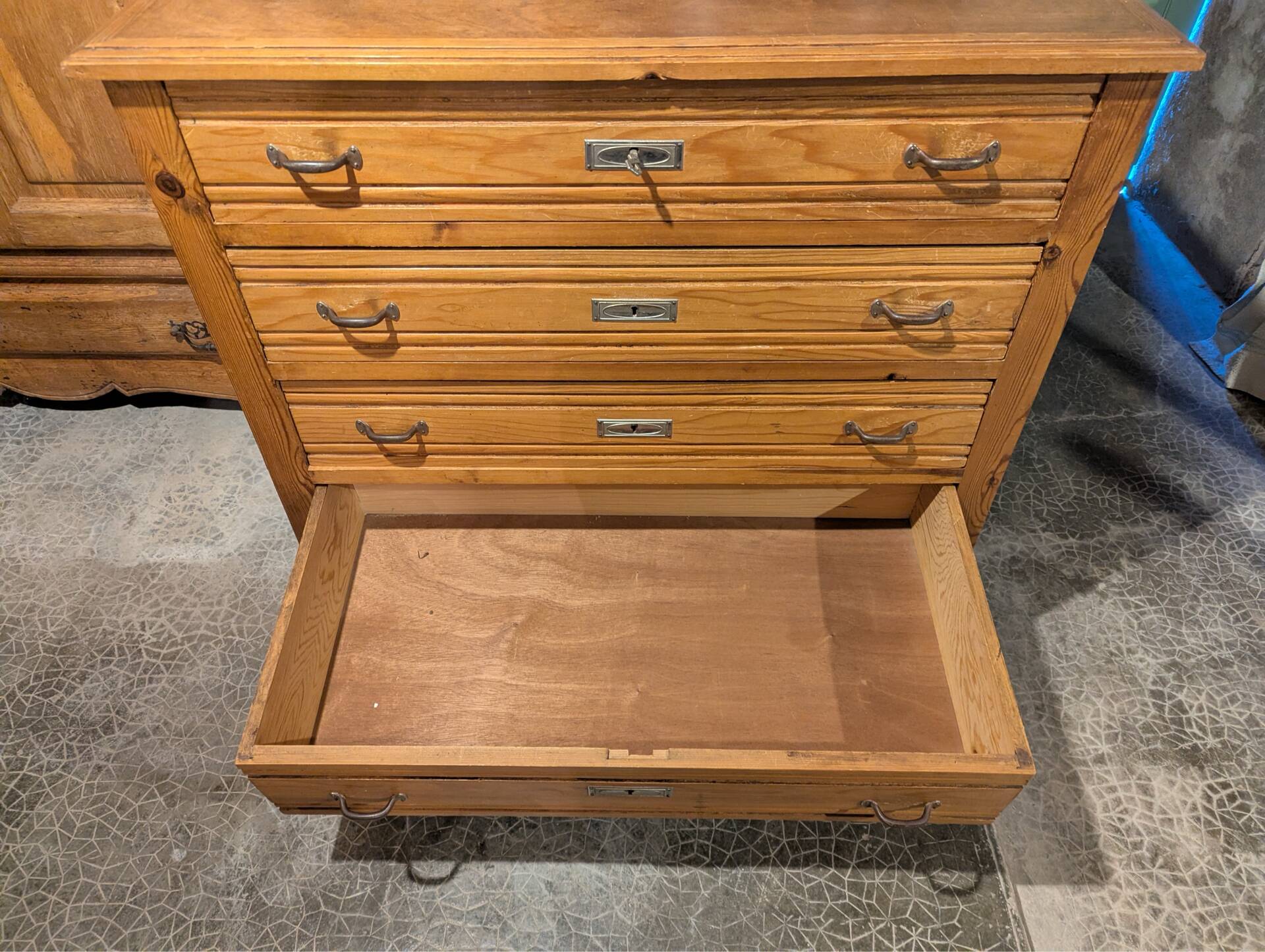 4-drawer chest in raw wood and chrome - art deco style