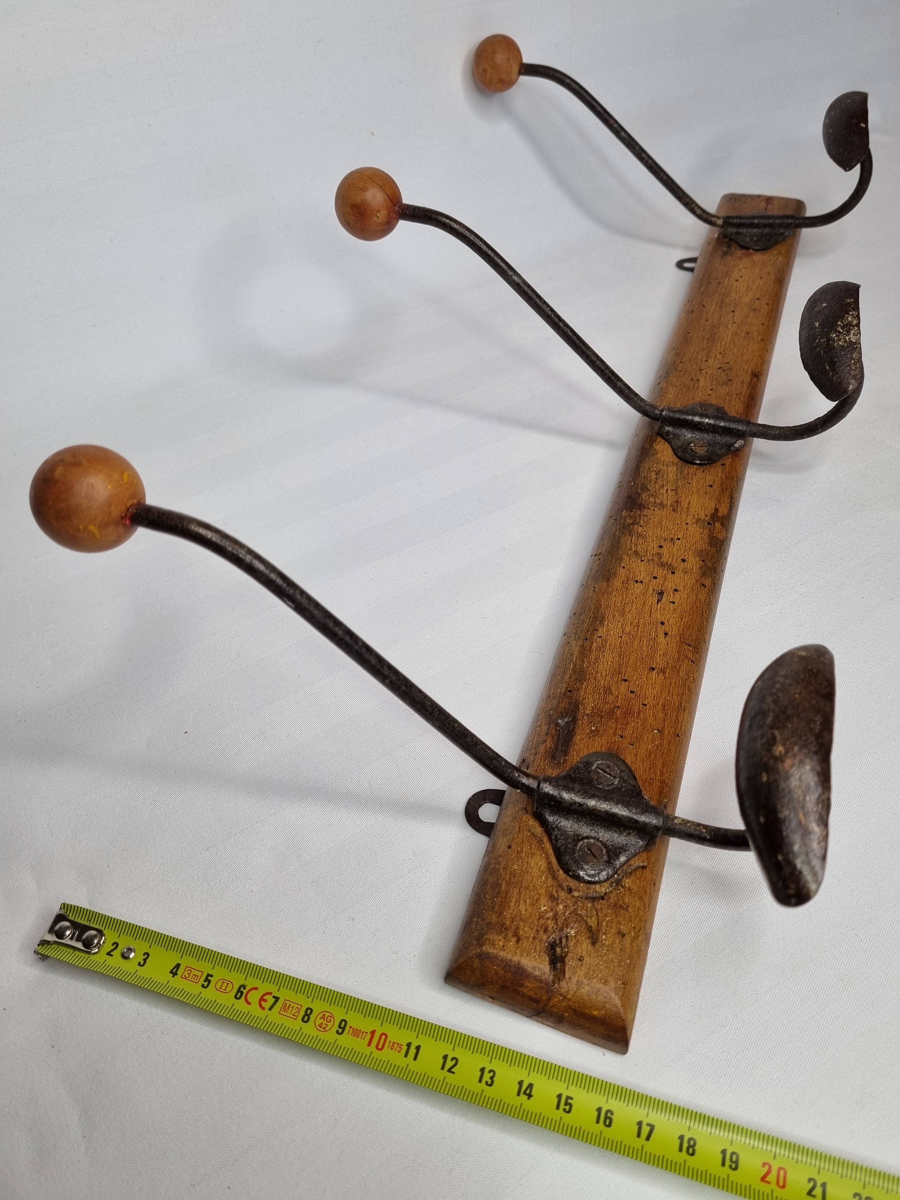 Old wall coat rack "bistrot" 1900, three hooks, 50 cm