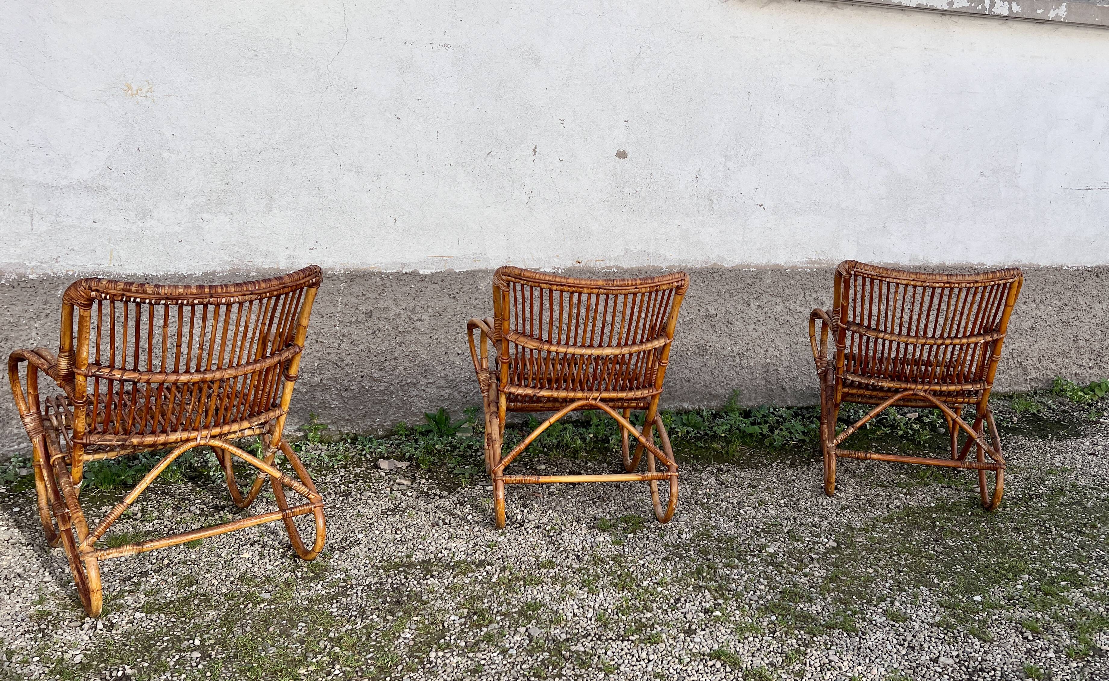 Trio de 3 fauteuils chaises rotin bambou vintage 1950
