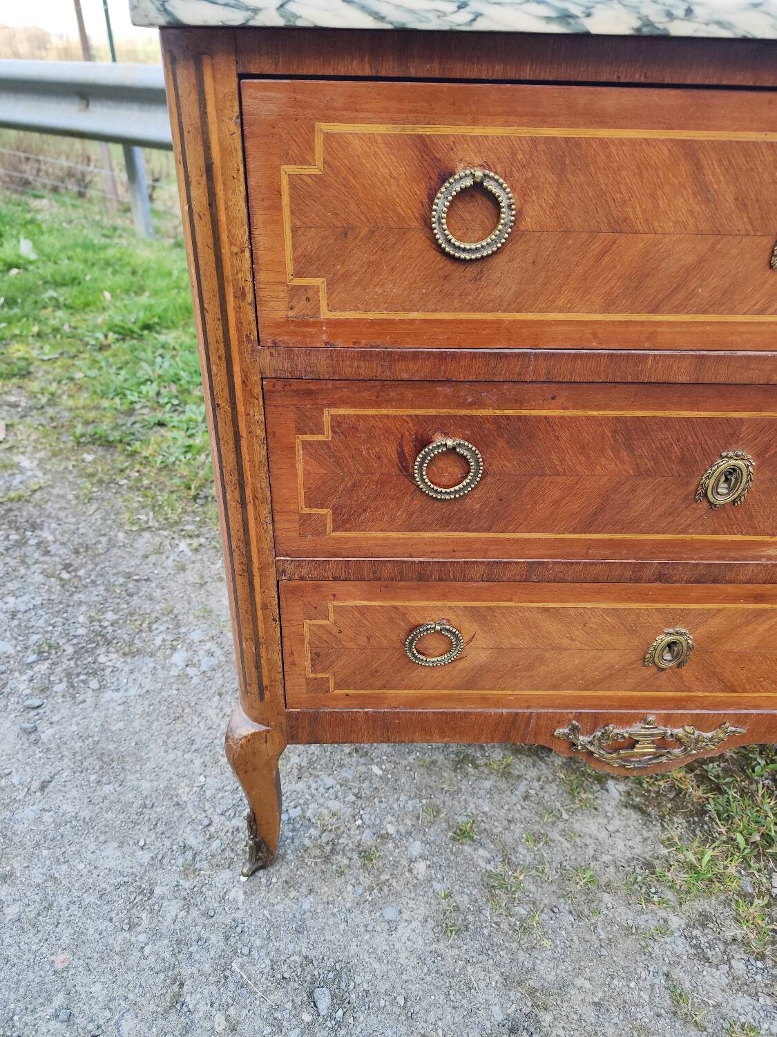 Louis XV, Louis XVI transitional style chest of drawers in marble and wood marquetry