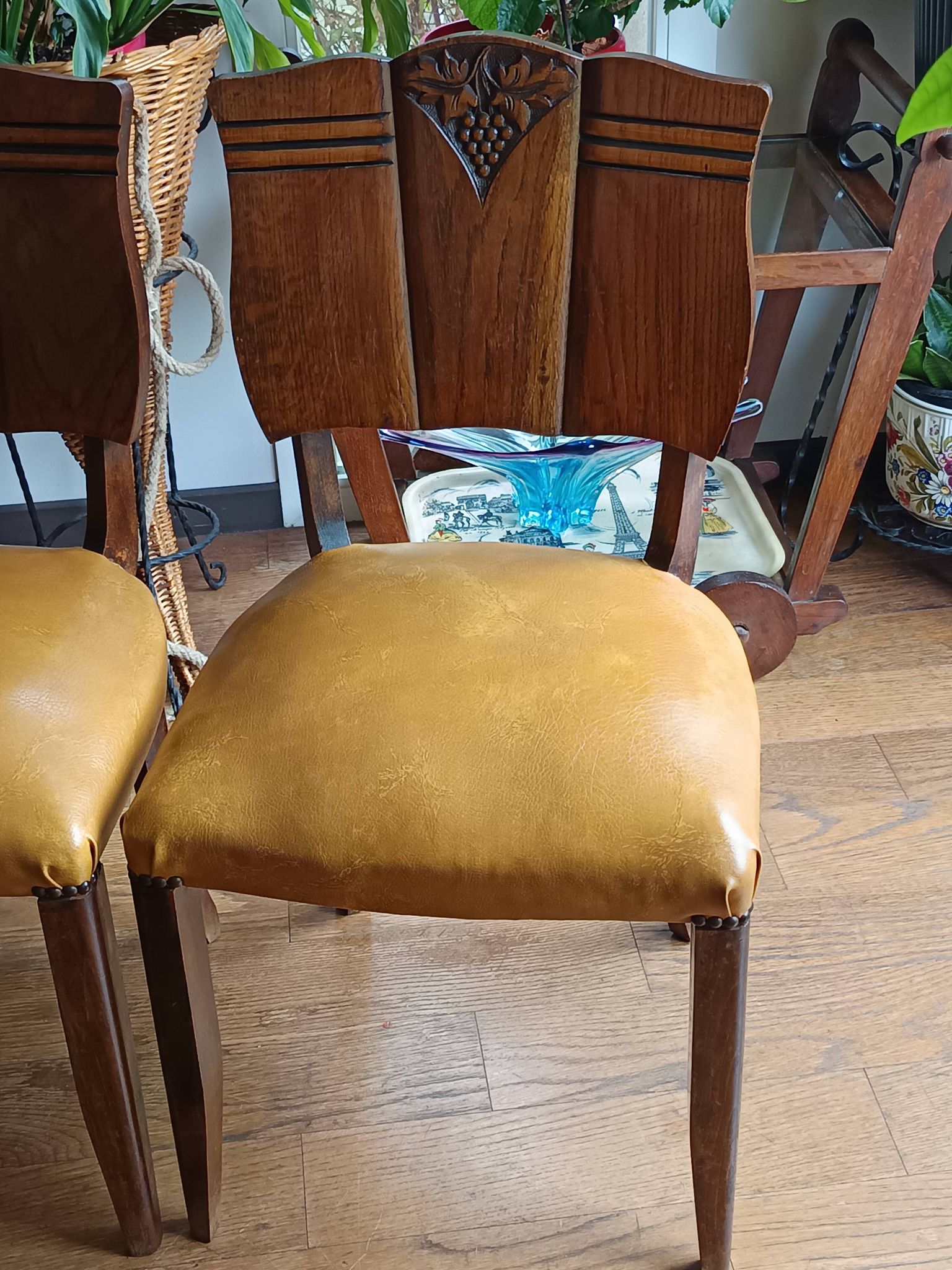 set of 4 vintage Art Deco chairs with carved wood and grape cluster design