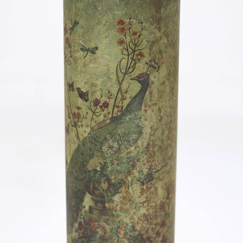 Antique Weathered Folk Art Painted Pedestal with Peacock