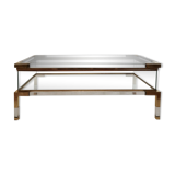 Coffee table with sliding shelf in lucite, brass and glass, Hollywood Regency