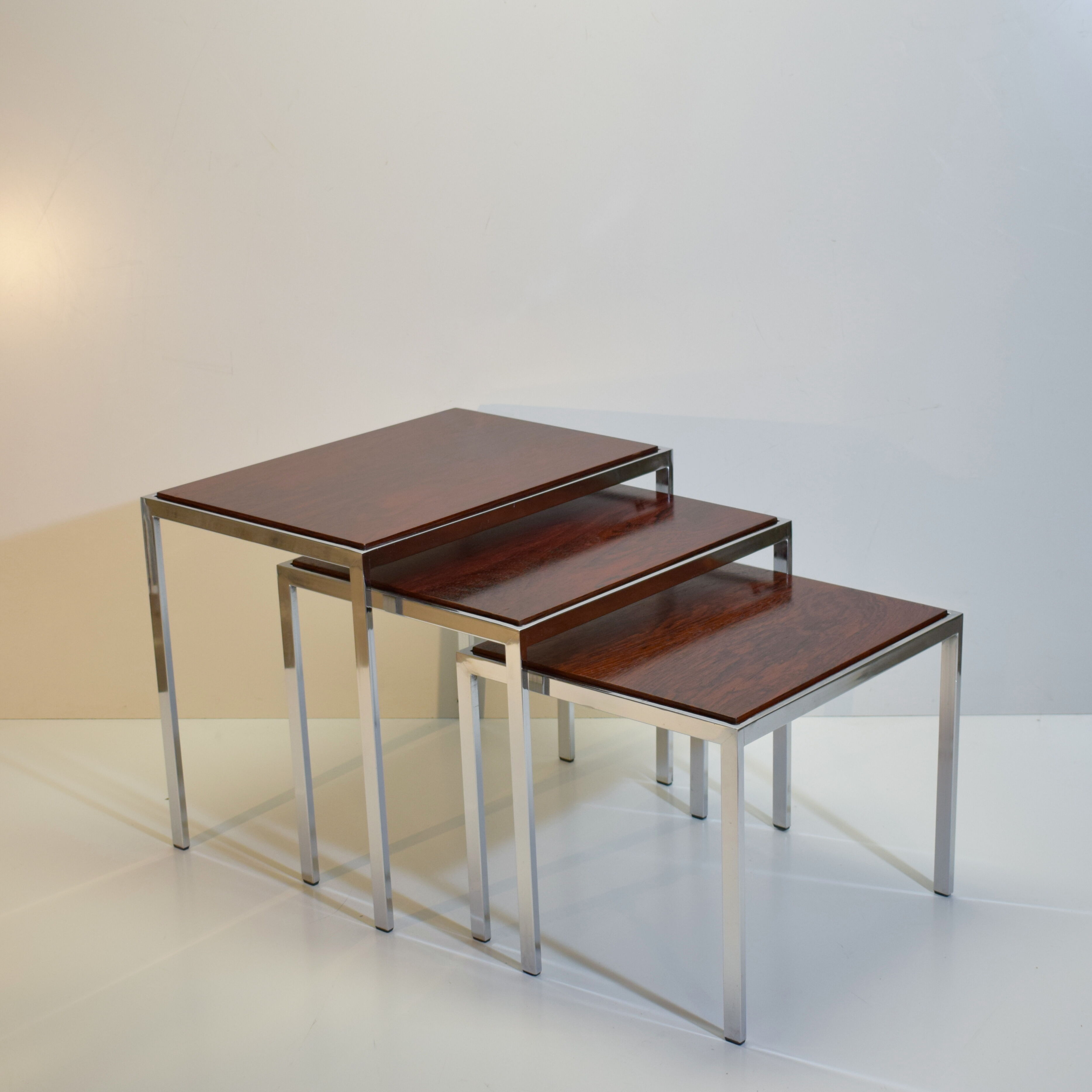 Vintage rosewood and chrome tables with reversible trays