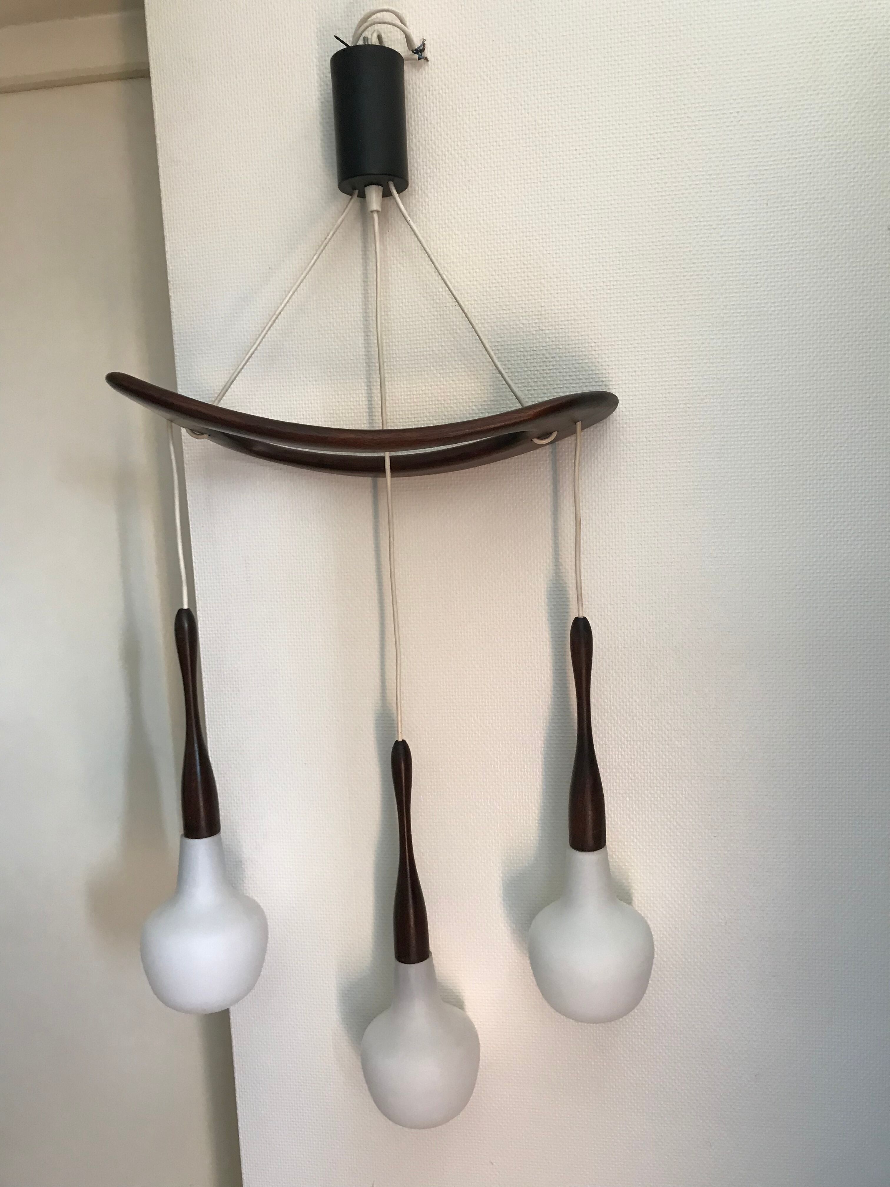 Teak and opaline chandelier Rispal