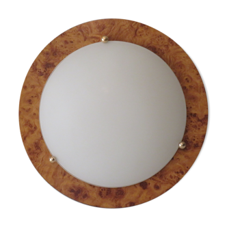 Vintage ceiling lamp, glass and faux bois de loupe, Spain 1970