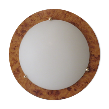 Vintage ceiling lamp, glass and faux bois de loupe, Spain 1970