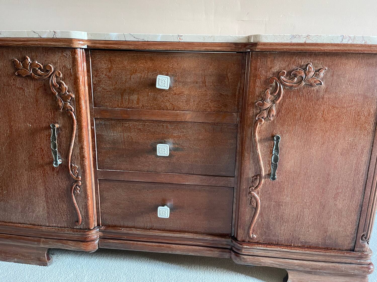 Wooden and beige marble chest of drawers