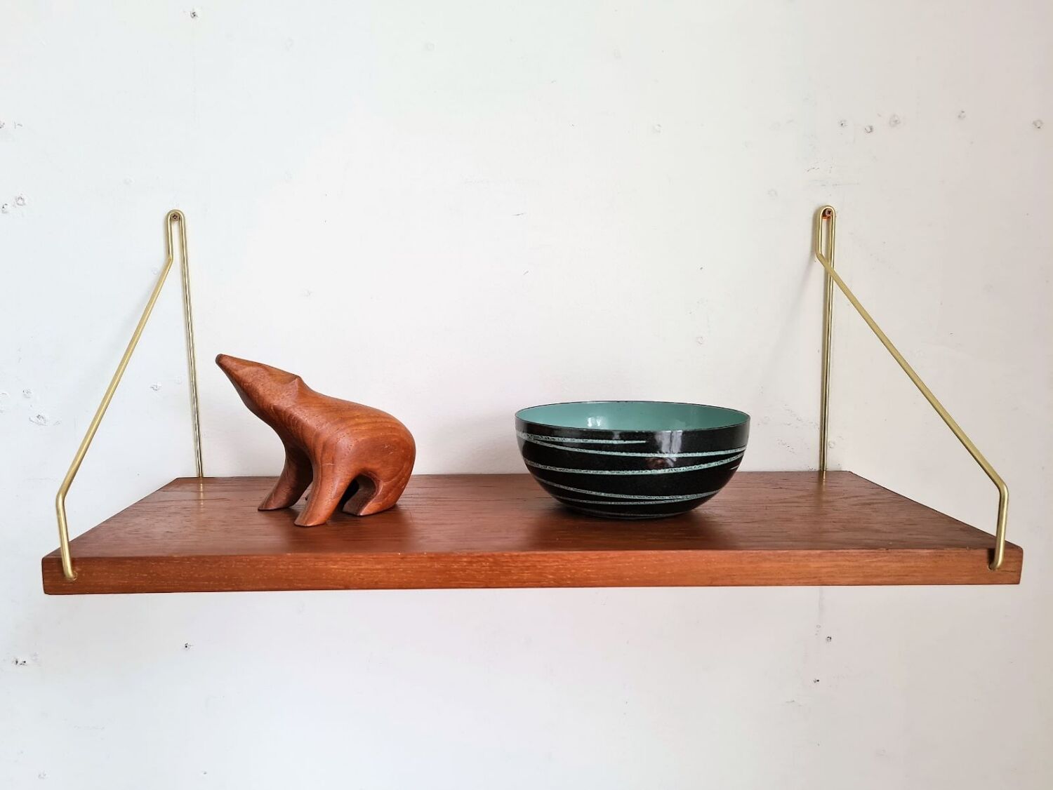 Teak and brass shelf, vintage scandinavian 1960s
