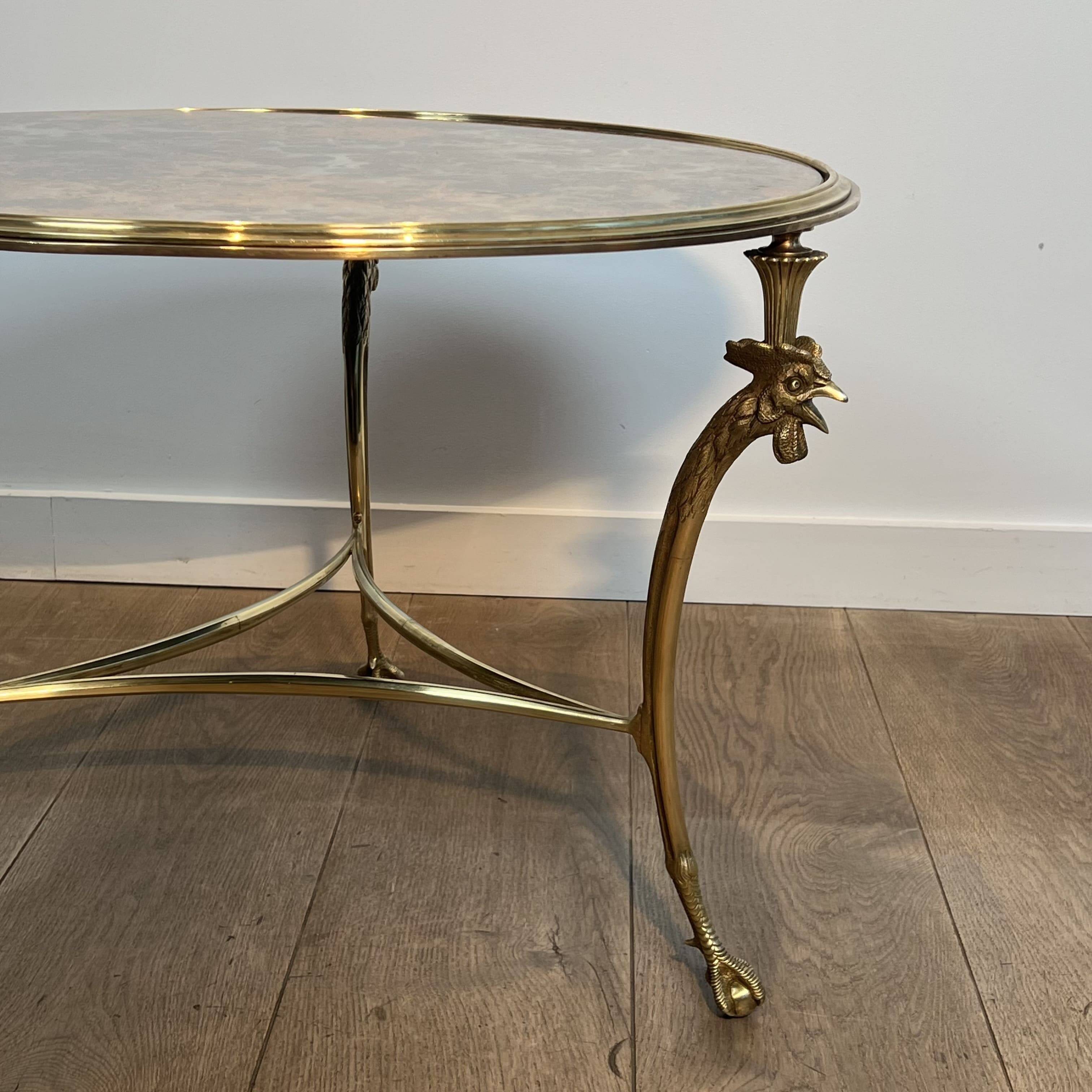 Tripod Circular Coffee Table "Aux Coqs" in Bronze and Églomisé Mirror, May