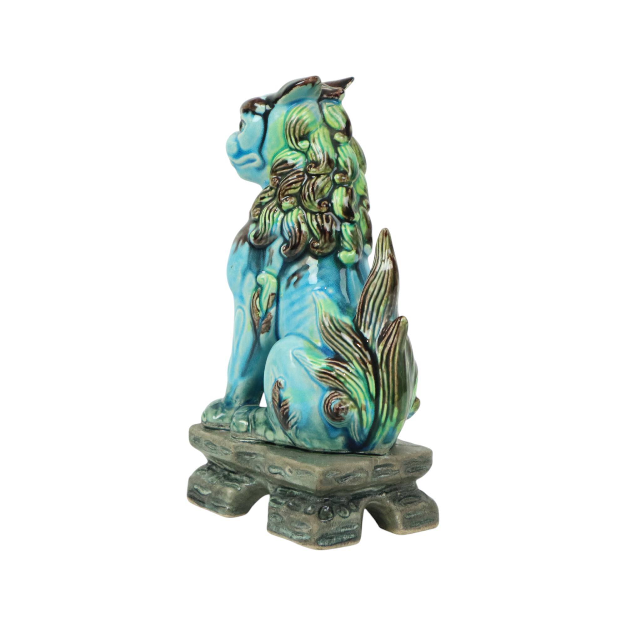 Vintage Chinese Komainu Guardian Lion Foo Dog Blue 19cm