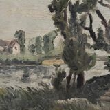 Oil on canvas landscape with Vendée basket by C. Bonno 1949