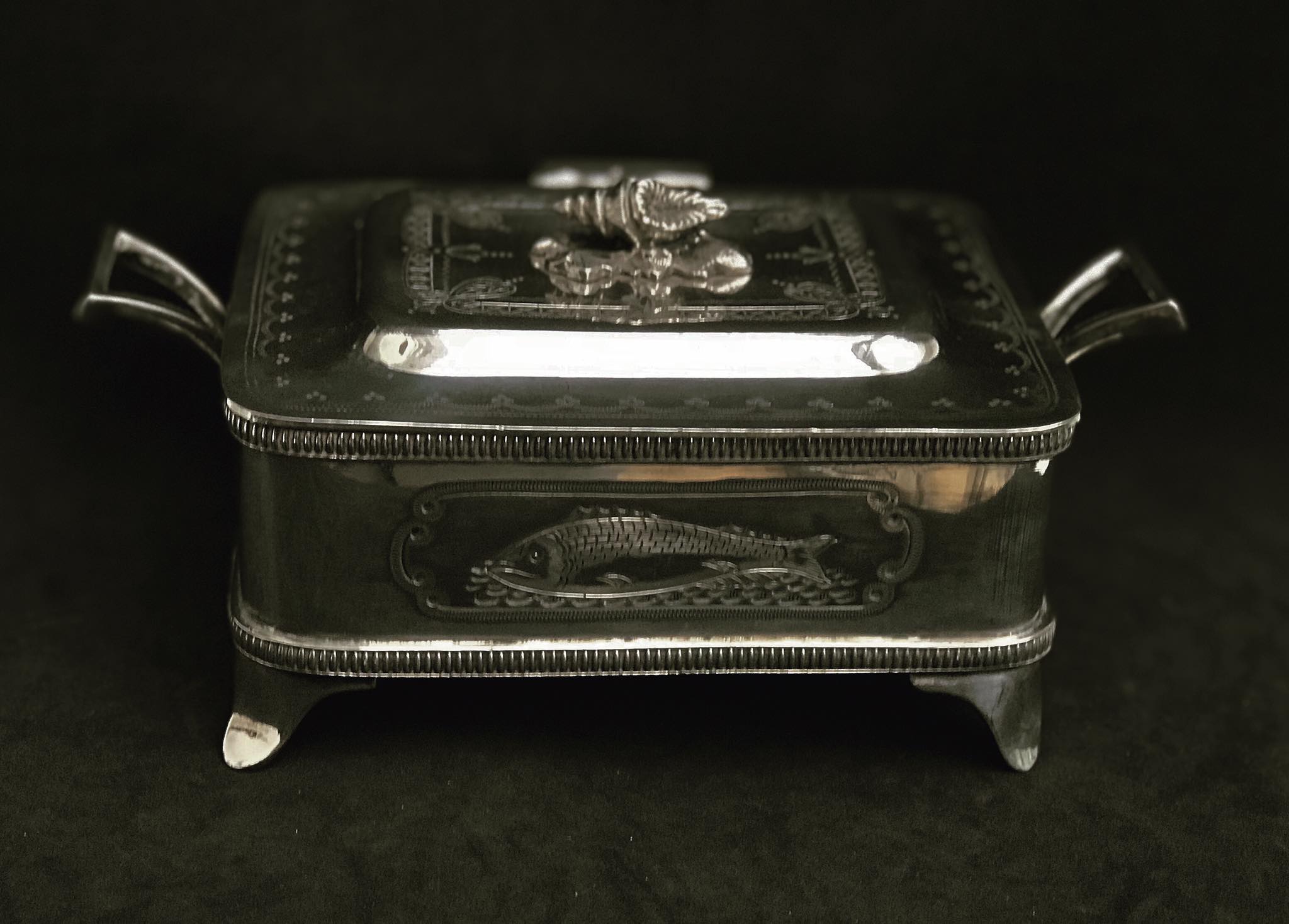 Victorian sardine box silver metal flat butter and glass insert Walker and Hall