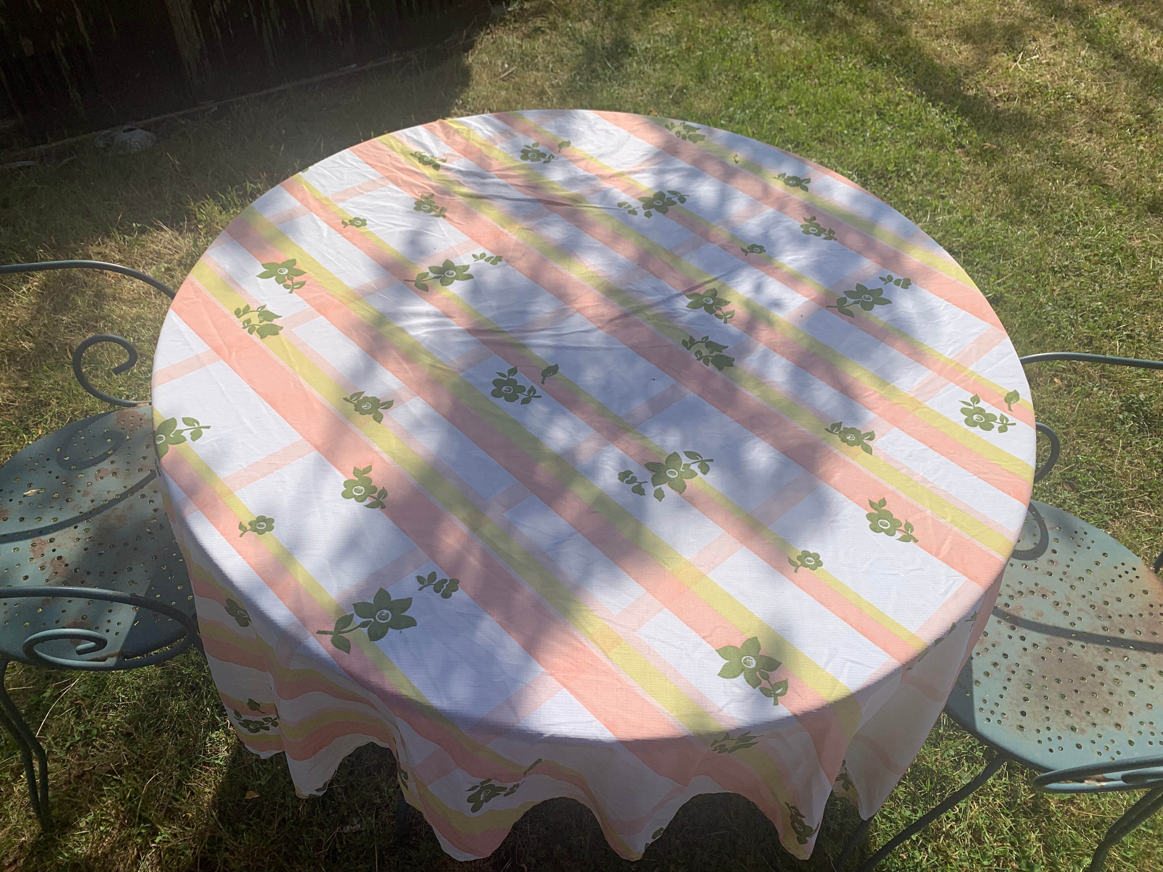 Tergal tablecloth with orange stripes and vintage khaki flowers 1970