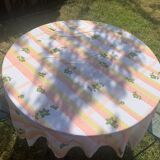 Nappe en Tergal à rayures orange et fleurs kaki vintage 1970