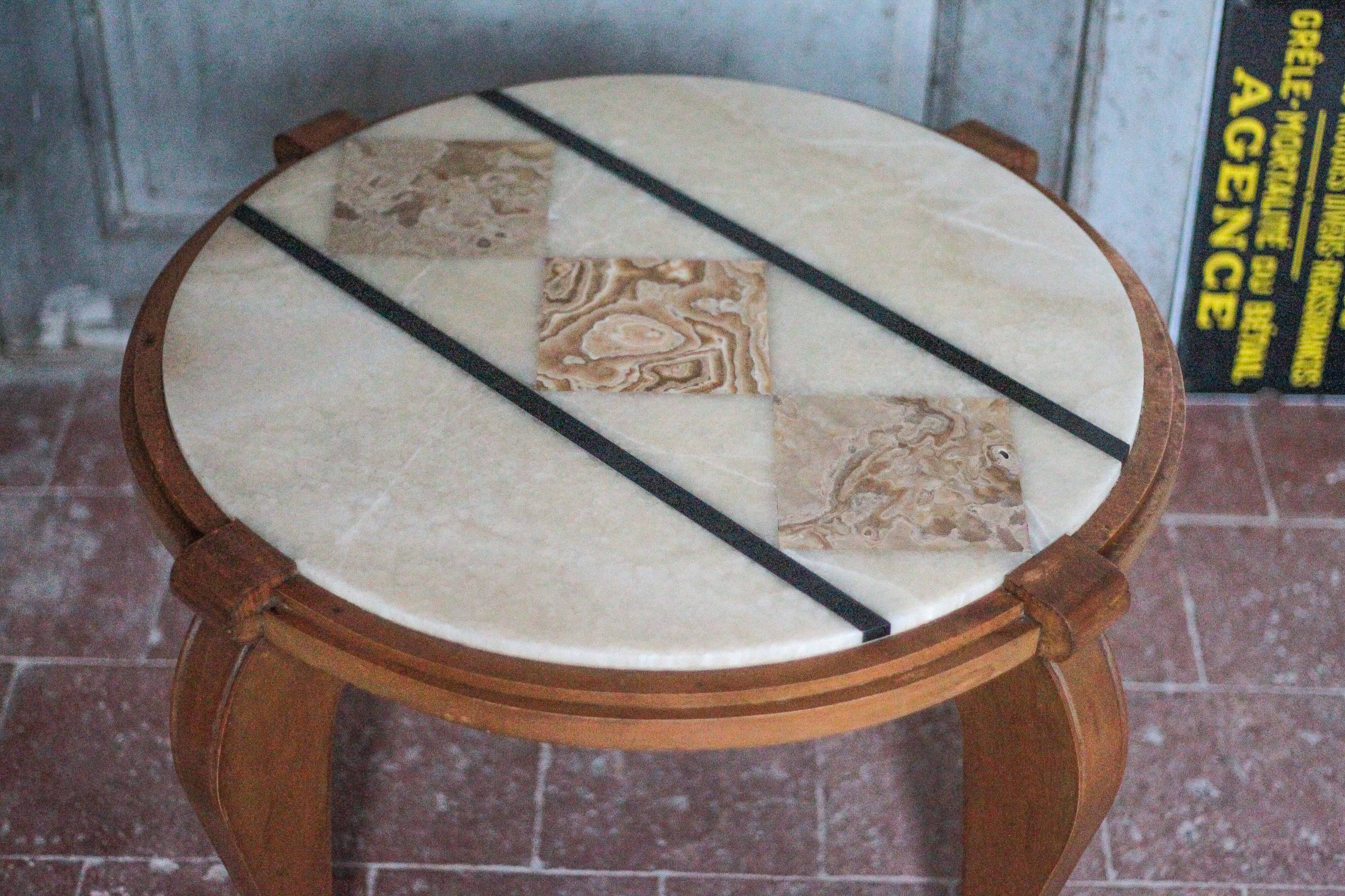 Art Deco wooden coffee table, marble top living room table, side table.