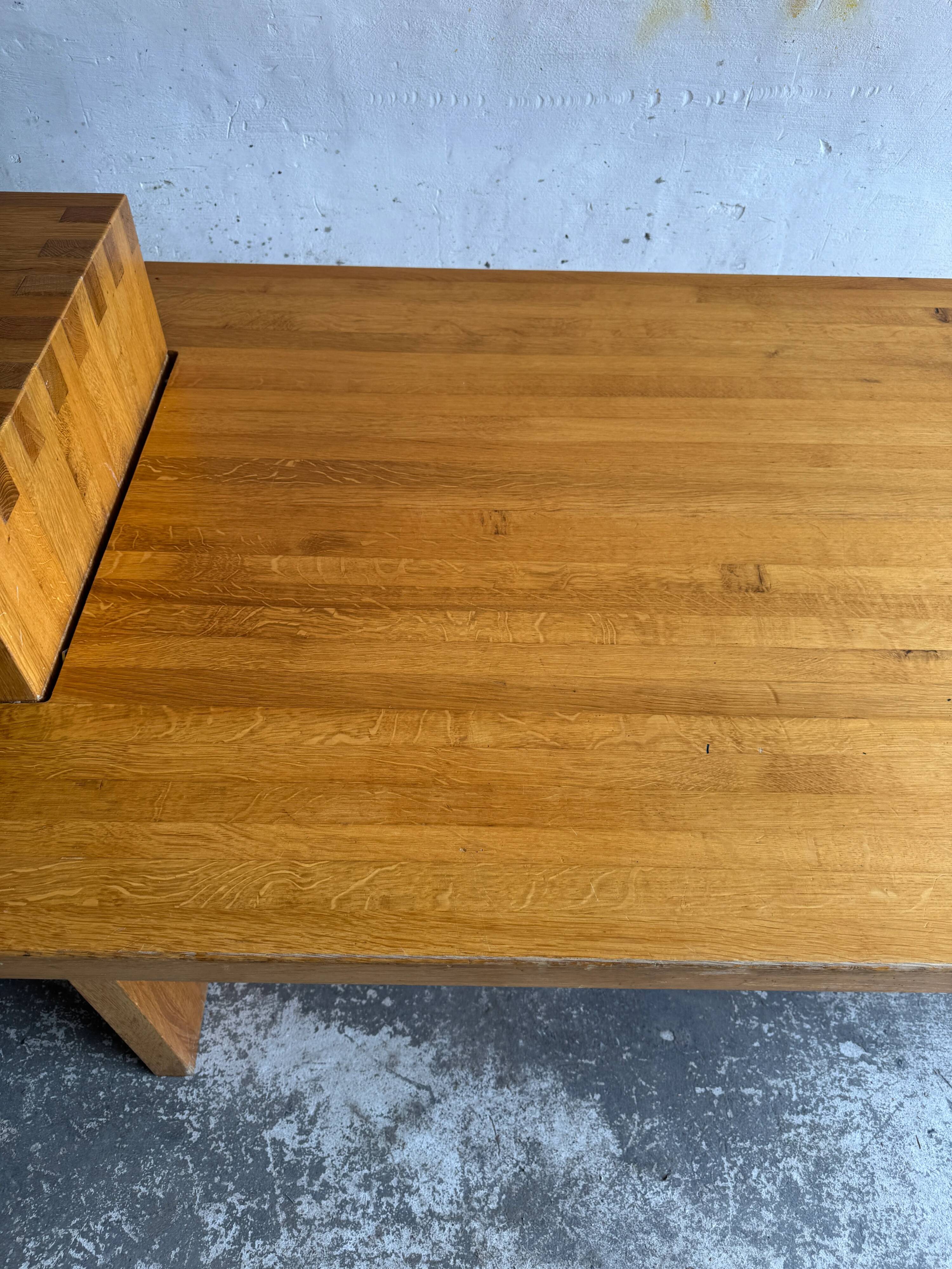 Geometric Brutalist Dining Table — Natural Wood Top with Metal Support, 1980s Architectural Design