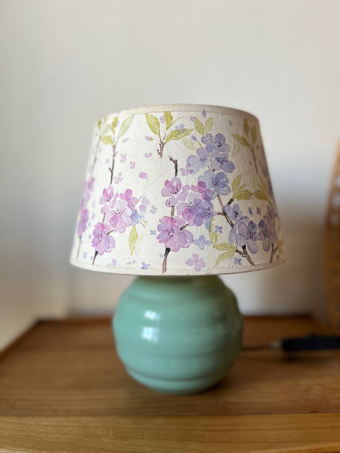 Vintage teal table lamp with floral lampshade