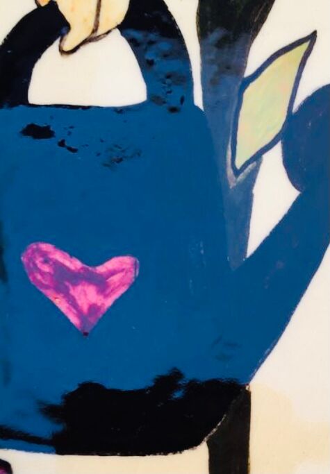 Vintage ceramic underside naïve rooster and gardener Dodik Bretagne naïve painting