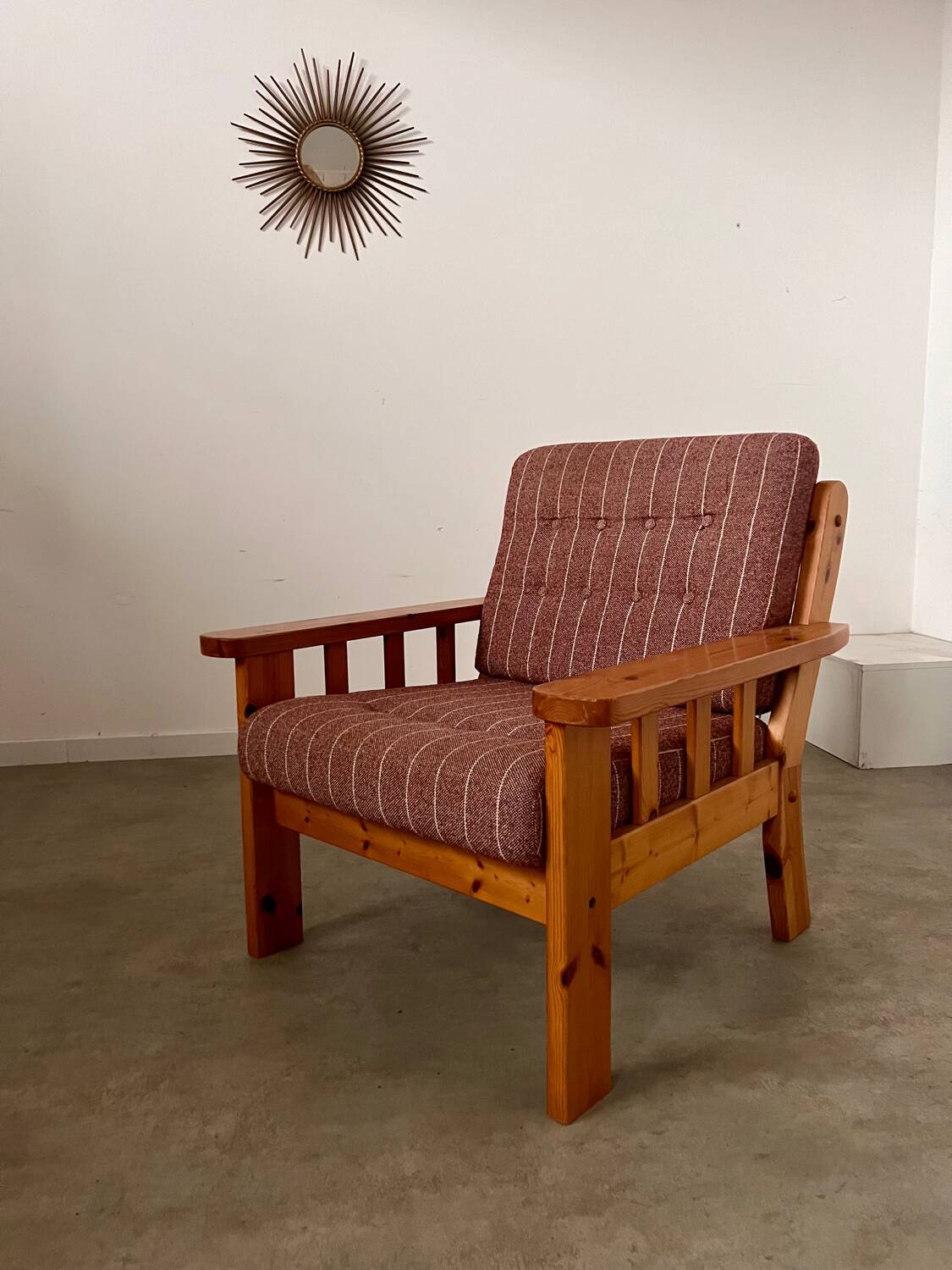 Old vintage Scandinavian design pine armchair from the 70s