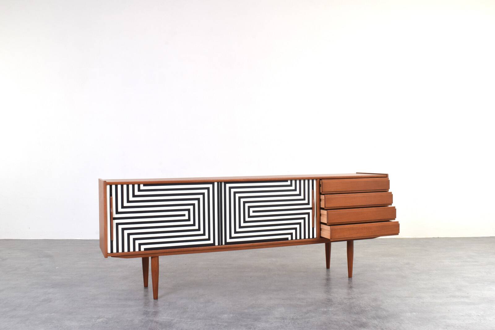 Mid-Century Op-Art Hand-Painted Danish Teak Sideboard, 1960s