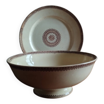Salad bowl and large dish (ø 30.5 cm) in Terre de Fer Creil et Montereau “English” model in sepia