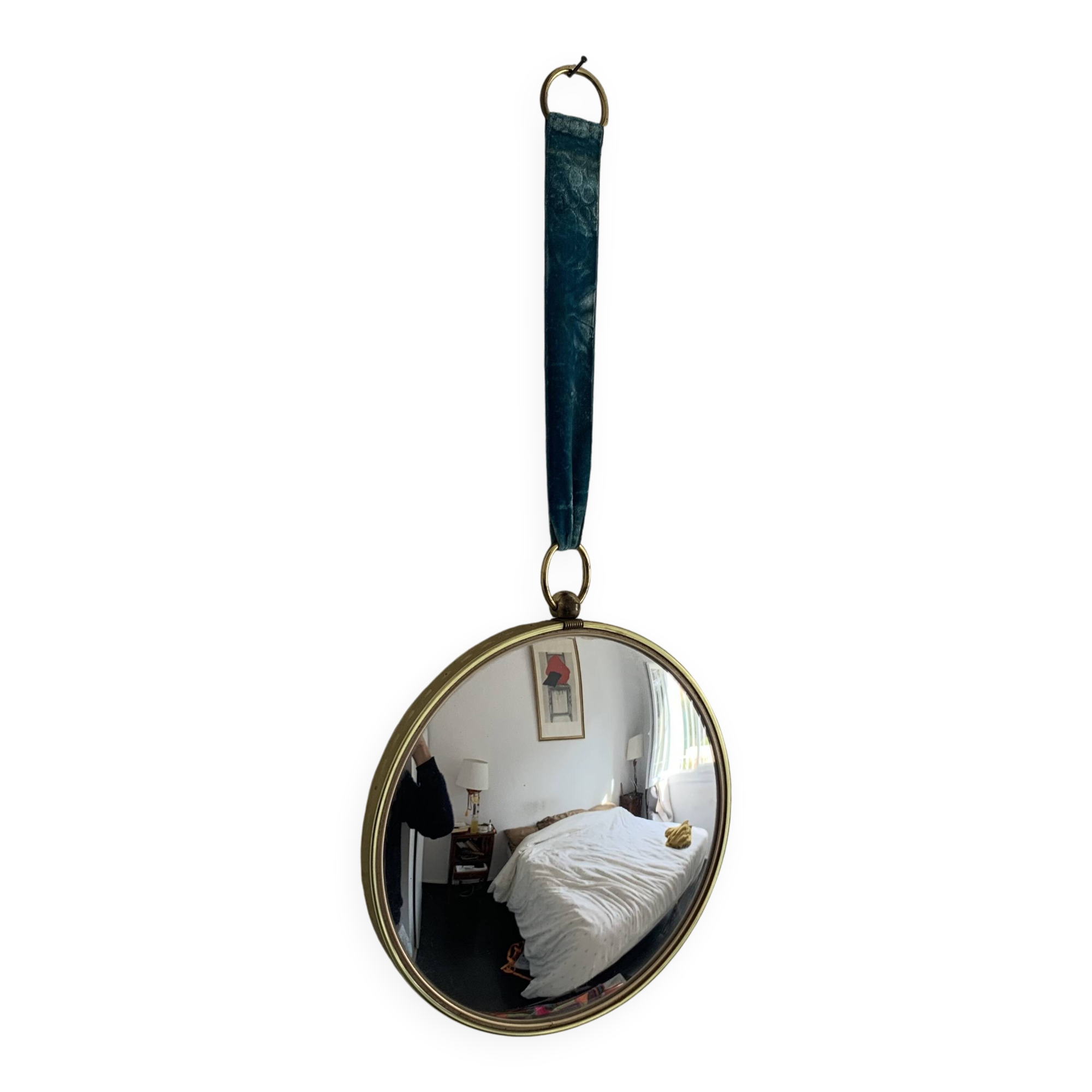 Vintage 1960s witch's eye mirror, turquoise velvet, sunburst effect - 24 x 54 cm