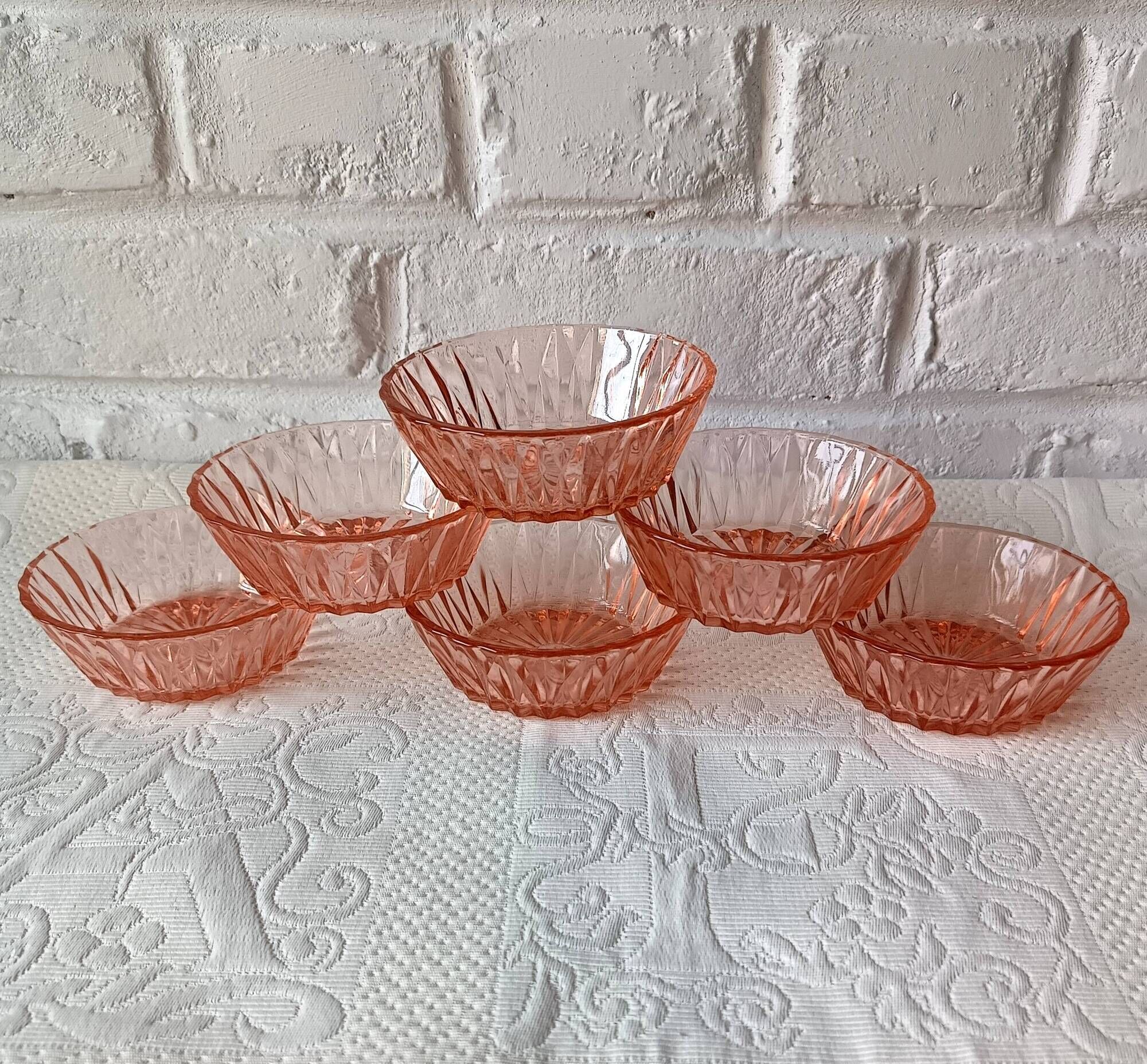 6 vintage French pink molded glass bowls from the 1960s