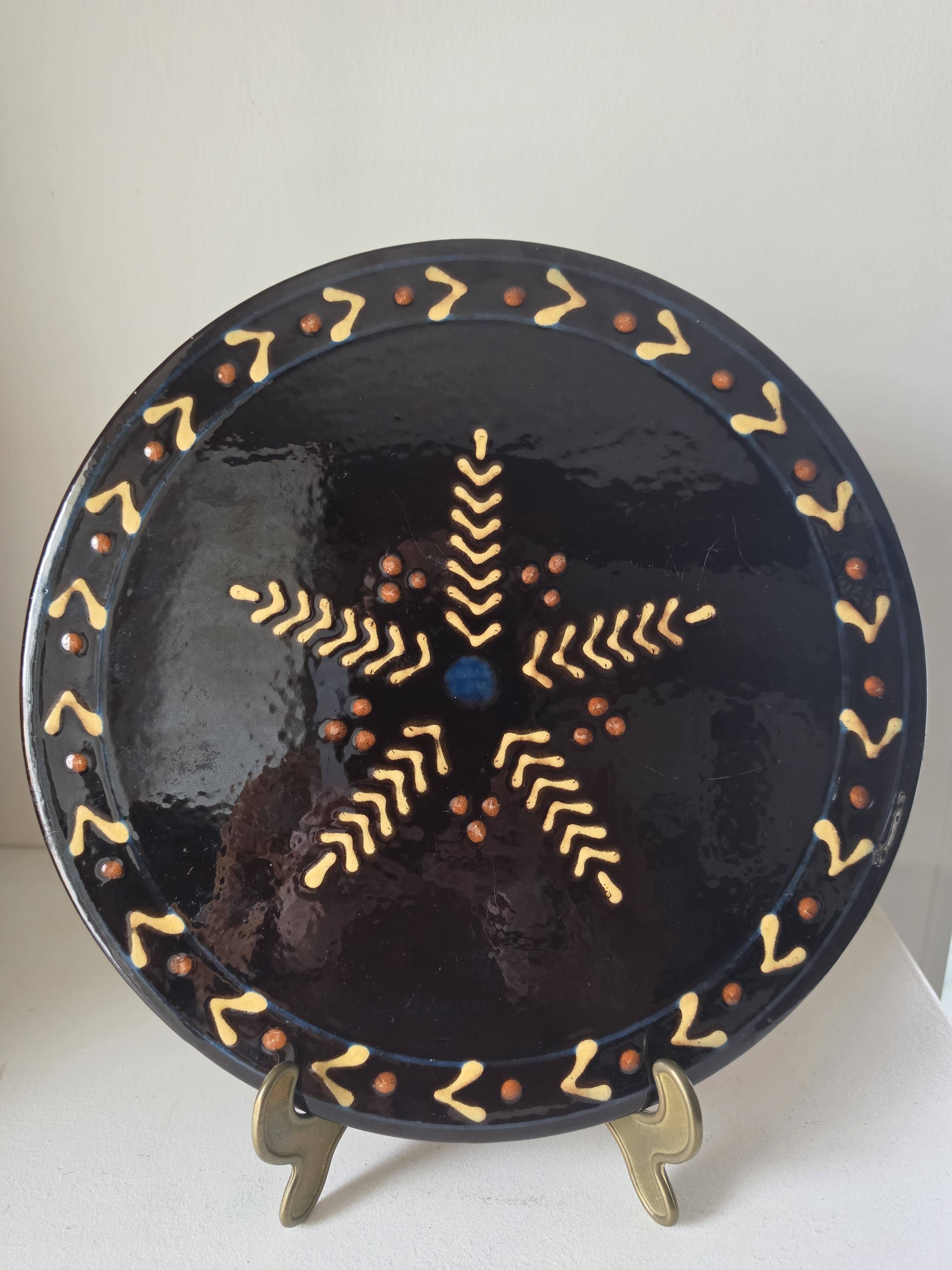 Rare black ceramic plate biot vintage stamp 1960 star 30 cm