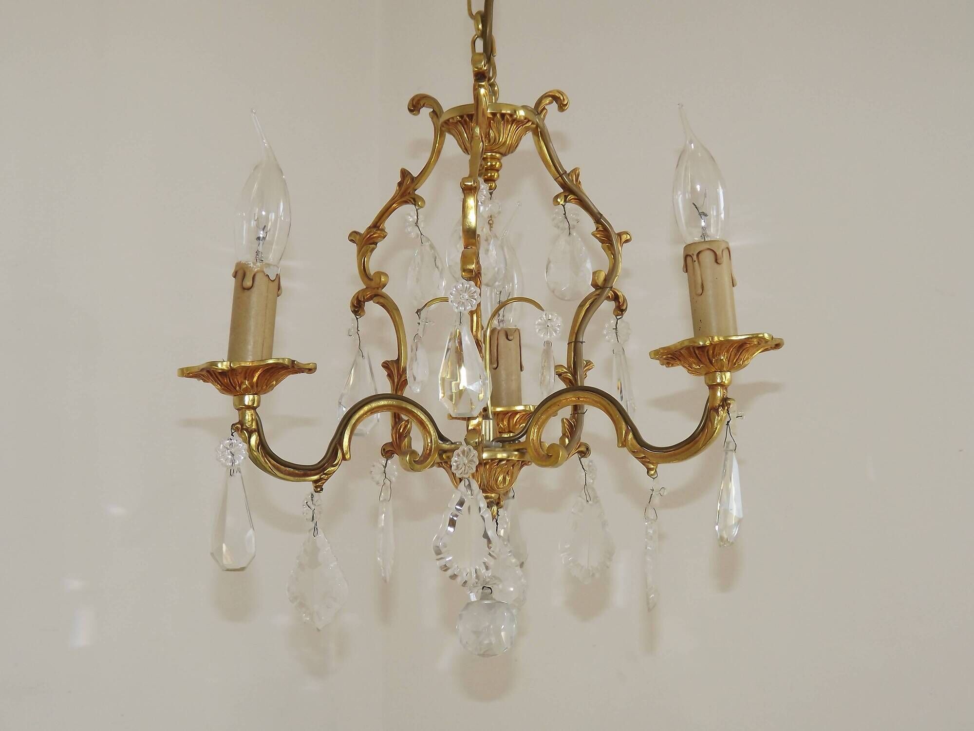 French Vintage Brass Mid Century 3 Light 3 Sided Crystal Cage Chandelier