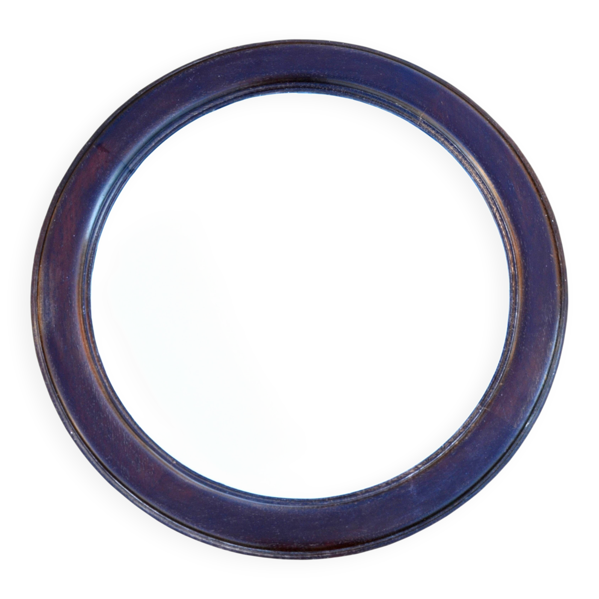 Round mirror in solid oak, bevelled, damaged, diameter 56cm.