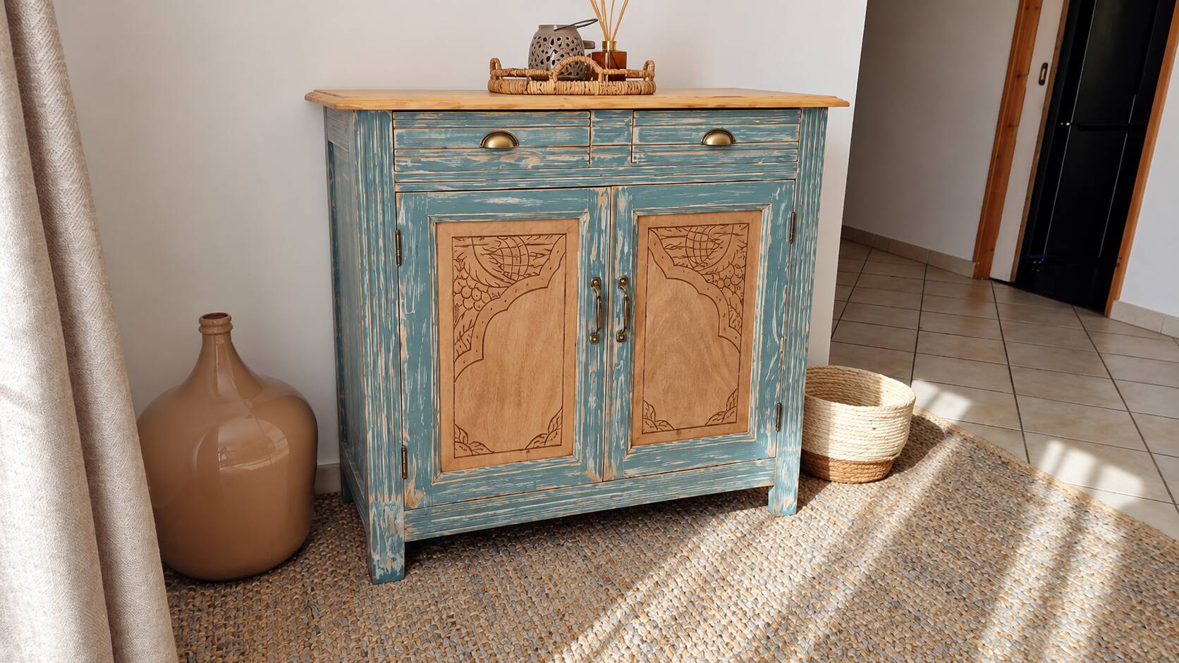 Antique blue-green patinated wooden sideboard – 2 doors, 2 drawers