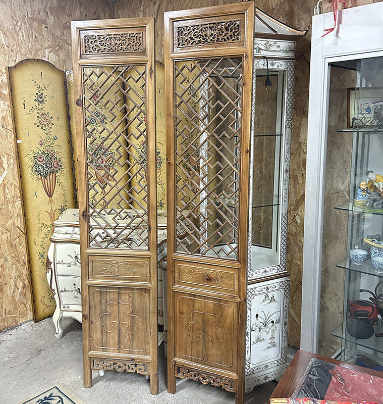 Set of 2 Vietnamese panels with geometric lattice.