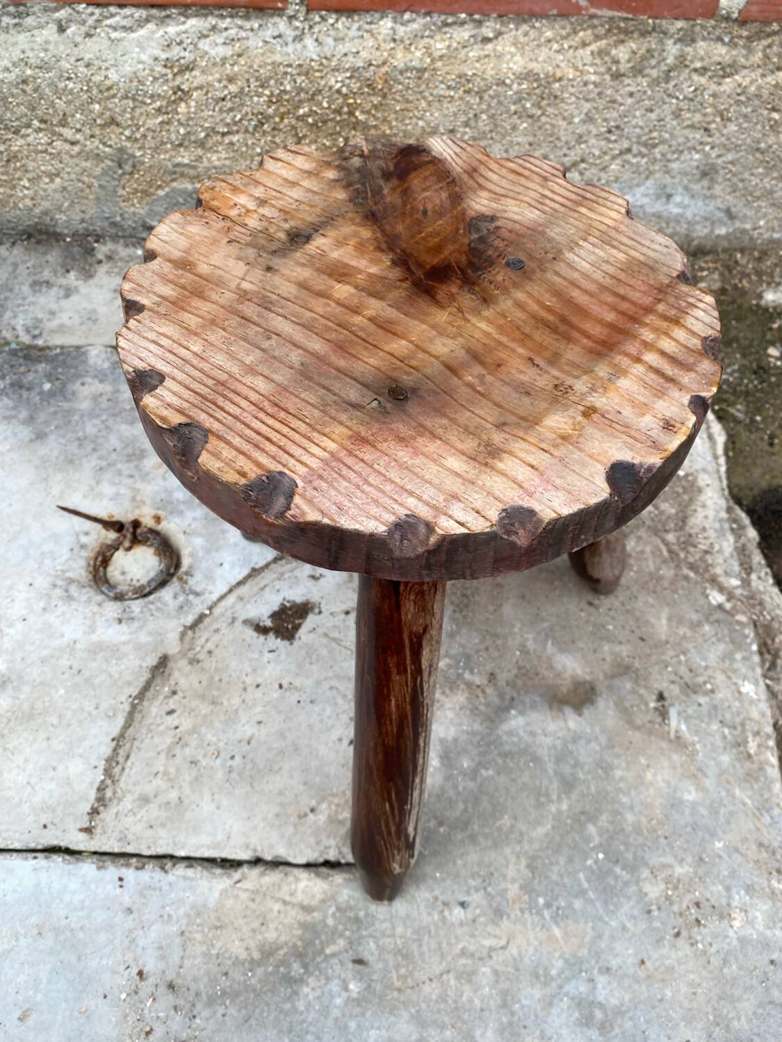 Tabouret de Traite Ancien Tripode Bois Brut Art Populaire Vintage #C60