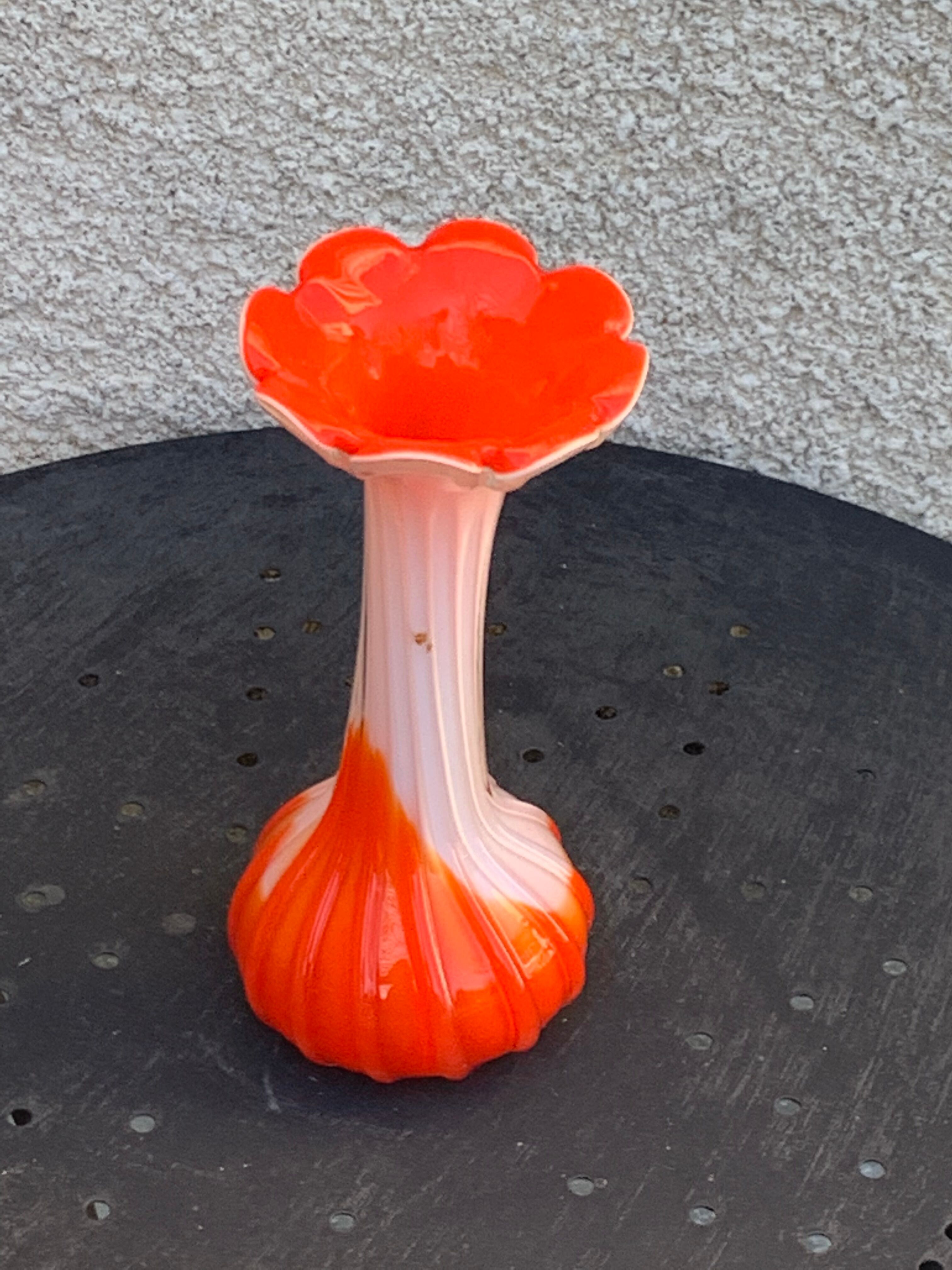 Orange and white opaline vase in the shape of a vintage flower corolla