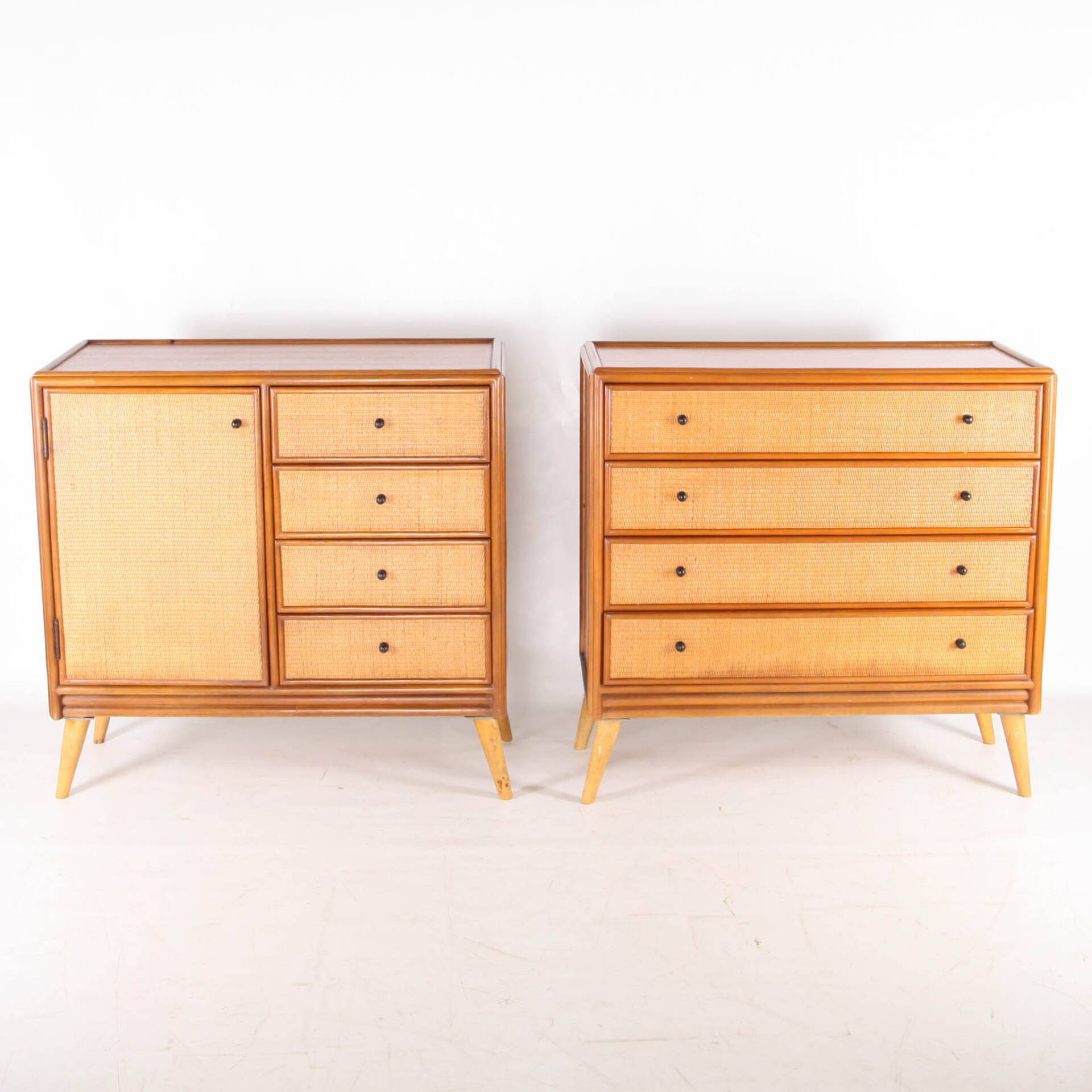 Pair of rattan and wood bedside tables